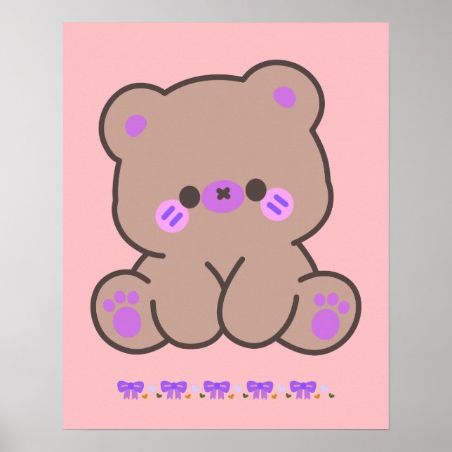 Affiche Mignon Ours Kawaii avec des Rubans Violets - Affic (Devant)