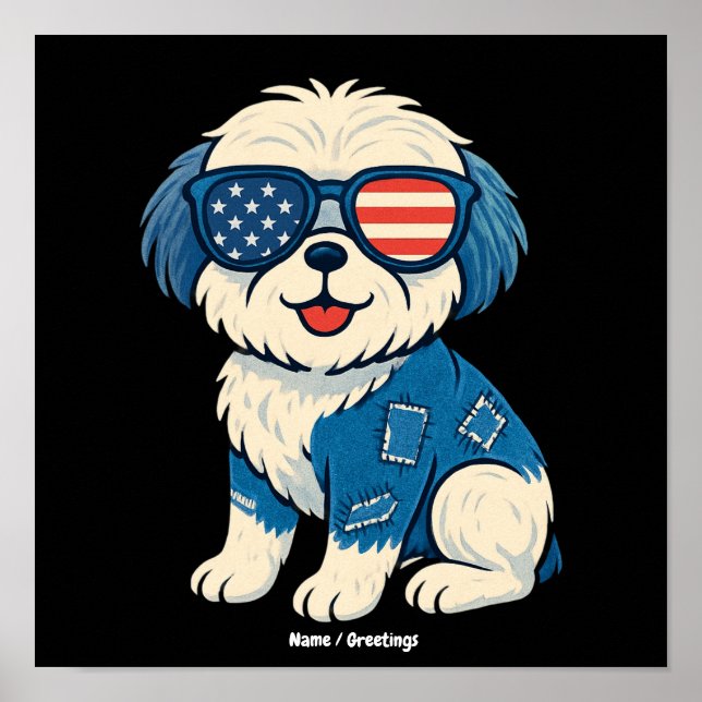 Affiche Mignon patch en denim rétro drôle design chien  (Devant)