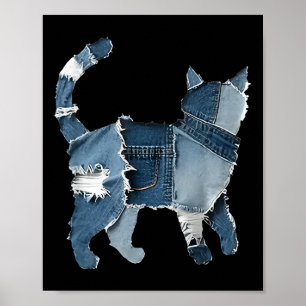 Affiche Mignon Patchwork en Denim Animaux Chat Rétro