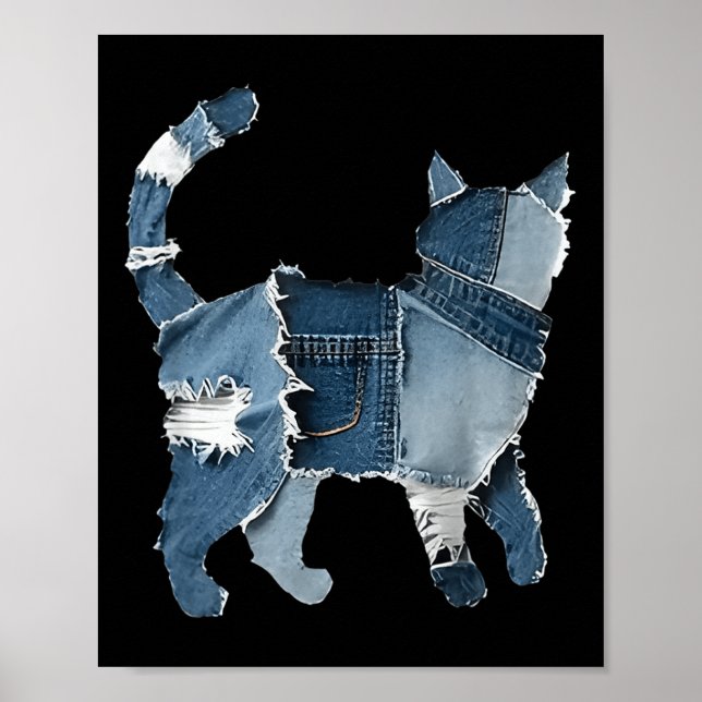 Affiche Mignon Patchwork en Denim Animaux Chat Rétro (Devant)
