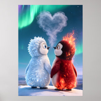 Affiche Mignon pingouin de feu et de glace aurores boréale