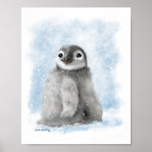 Affiche Mignon poussin de pingouin dans la neige dessin an
