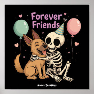Affiche Mignon squelette effrayant étreignant un chien ber