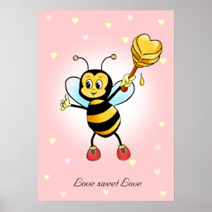 Affiche Mignonne abeille heureuse et nid d'abeille sur fon