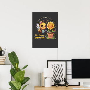 Affiche Mignonne abeille Kawaii arrosant un tournesol Abei