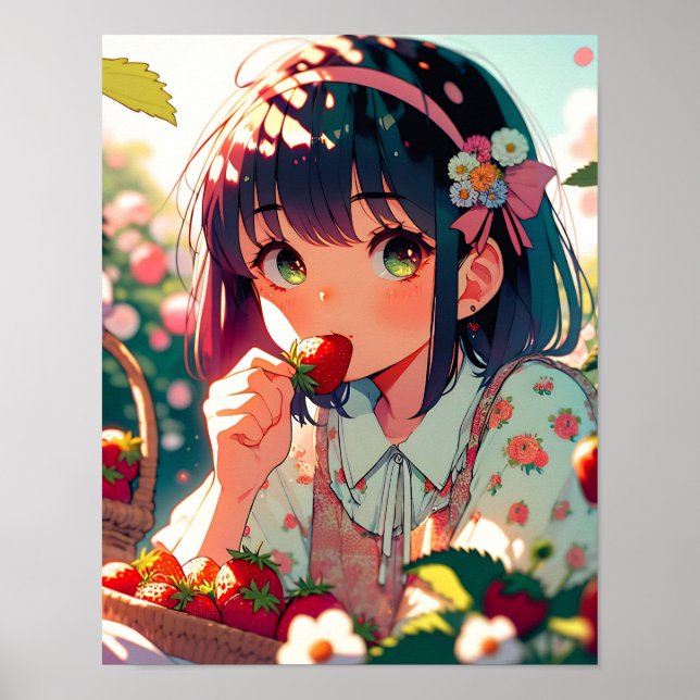 Affiche Mignonne Anime Girl Mange des fraises | Jour d'été (Devant)