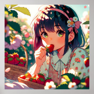 Affiche Mignonne Anime Girl Mange des fraises Jour d'été