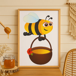 Affiche Mignonne Bee transportant un pot de miel avec fleu