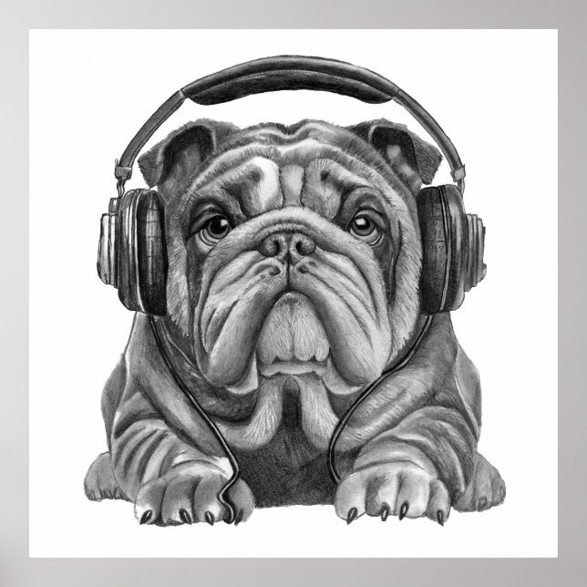 Affiche Mignonne bulldog anglais avec casque (Devant)