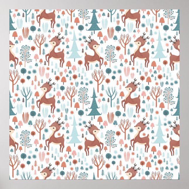 Affiche Mignonne cerf en Forêt Whimsical Noël Motif (Devant)