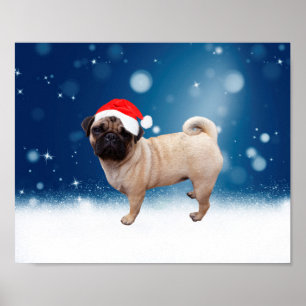 Affiche Mignonne chien Carlin Noël Père Noël Chapeau Neige