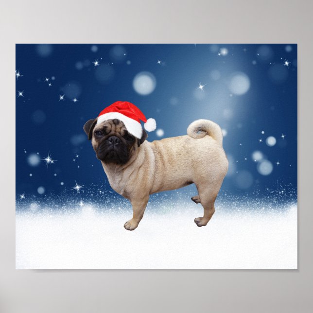 Affiche Mignonne chien Carlin Noël Père Noël Chapeau Neige (Devant)