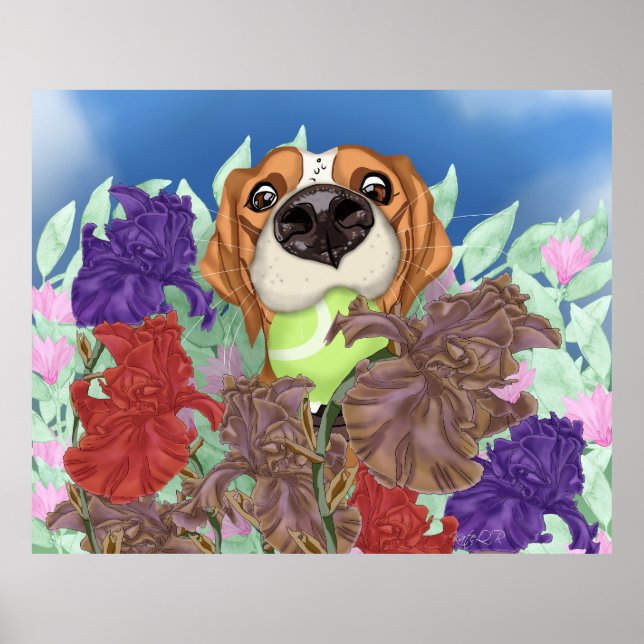 Affiche Mignonne chien sur un terrain fleuri. (Devant)