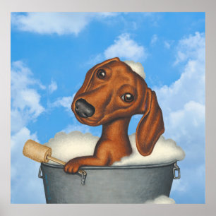 Affiche Mignonne Dachshund Prendre Un Bain À Bulle Dehors
