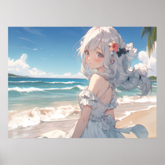 Affiche mignonne fille anime aux cheveux blancs sur la pla