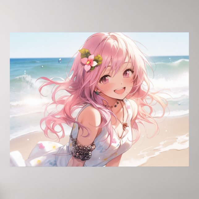Affiche mignonne fille anime aux cheveux roses sur la plag (Devant)