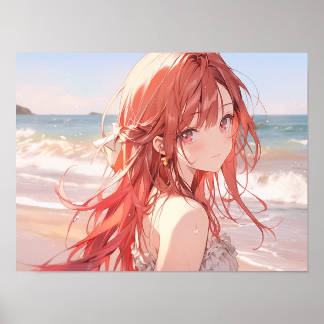 Affiche Mignonne fille anime aux cheveux roux sur la plage (Devant)