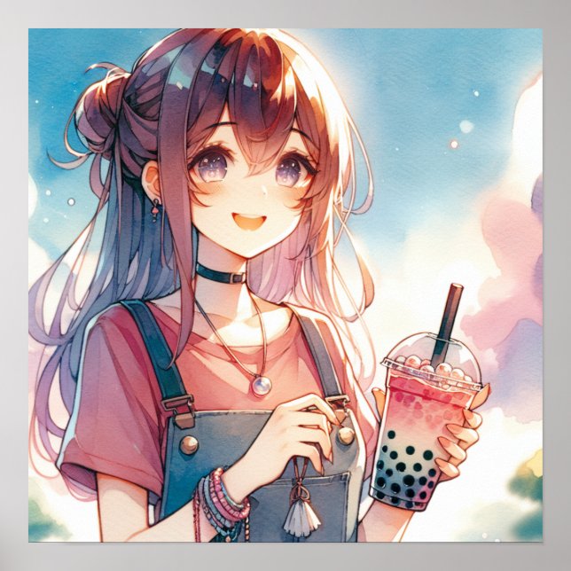 Affiche Mignonne fille Anime tenant un Boba Tea (Devant)