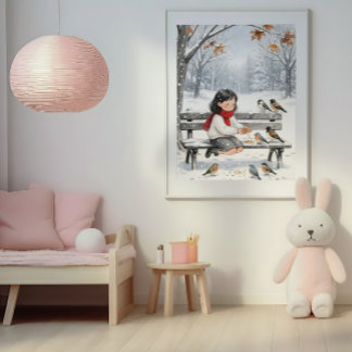 Affiche Mignonne fille d'hiver nourrissant les oiseaux déc