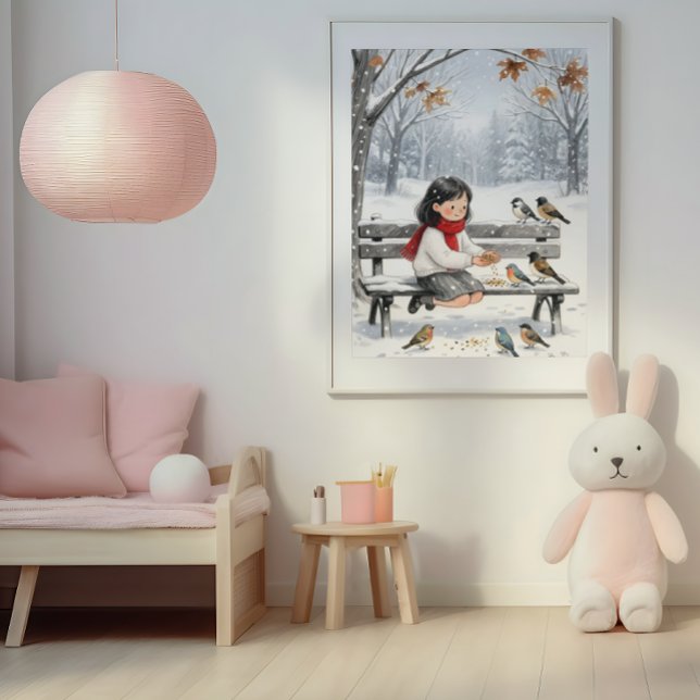 Affiche Mignonne fille d'hiver nourrissant les oiseaux déc (Cozy Winter Wall Art Girl and Birds Nursery Room Decor Print)