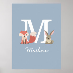 Affiche Mignonne Fox Et Lapin Forêt Animaux Monogramme Blu
