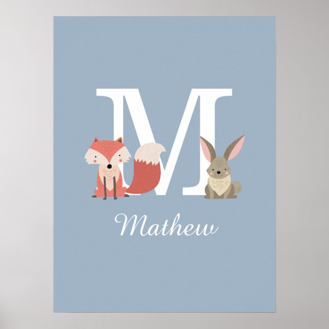 Affiche Mignonne Fox Et Lapin Forêt Animaux Monogramme Blu (Devant)
