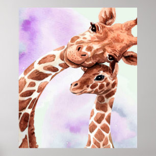 Affiche Mignonne Giraffe Maman Et Bébé, Cadeau Pour Fille