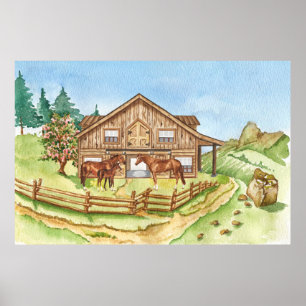 Affiche mignonne grange à cheval Pays