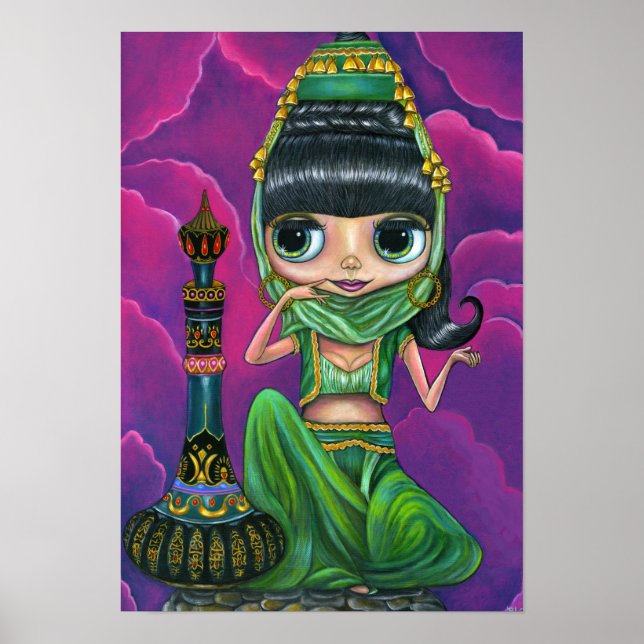 Affiche Mignonne Green Genie Girl Big Eyes Poupée Bouteill (Devant)