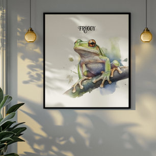 Affiche mignonne grenouille d'arbre assise sur une branche