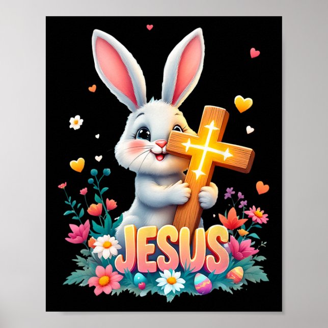Affiche Mignonne Lapin de Pâques Jésus foi Croix chrétienn (Devant)