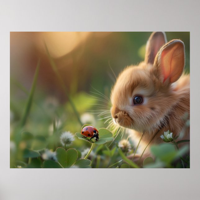 Affiche Mignonne lapin lapin et une coccinelle sur le cham (Devant)