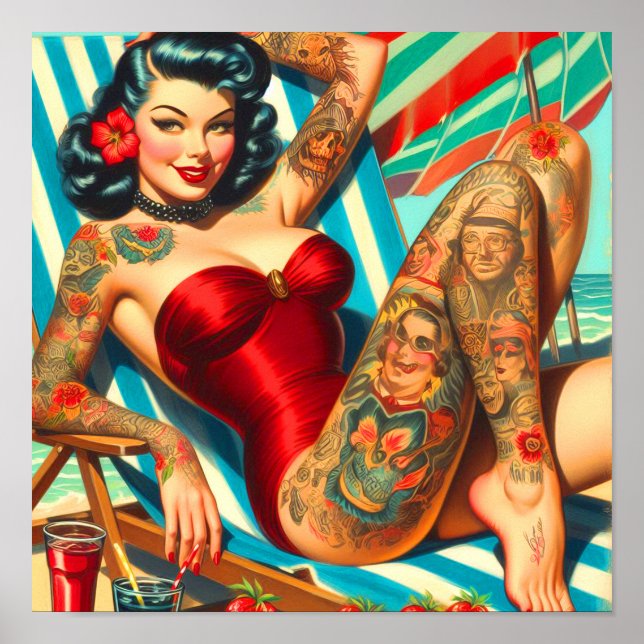 Affiche Mignonne maillot de bain tatoué Pin-up (Devant)