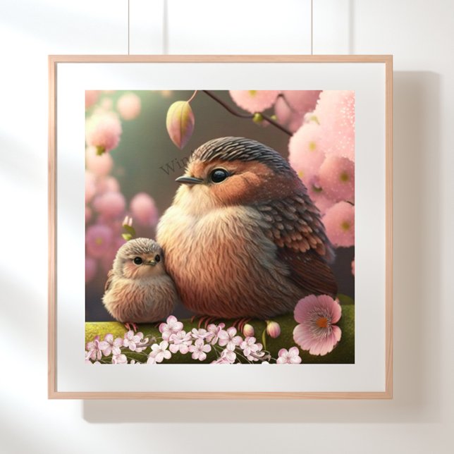Affiche Mignonne maman et bébé oiseau sur un arbre Fleurs  (Créateur téléchargé)