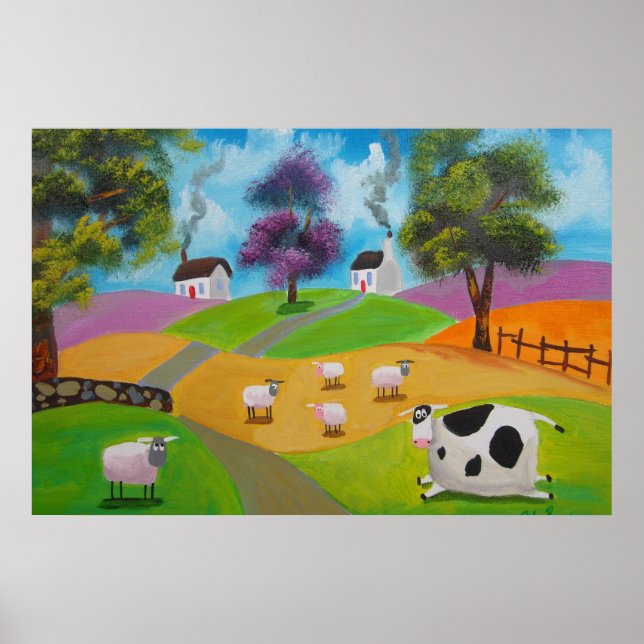 Affiche Mignonne peinture folklorique de moutons et vaches (Devant)