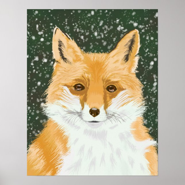 Affiche Mignonne Petit Renard Rouge - dans la neige. (Devant)