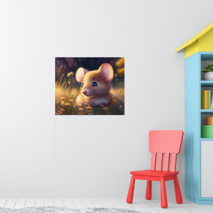 Affiche Mignonne petite souris dans une prairie fleurie, e
