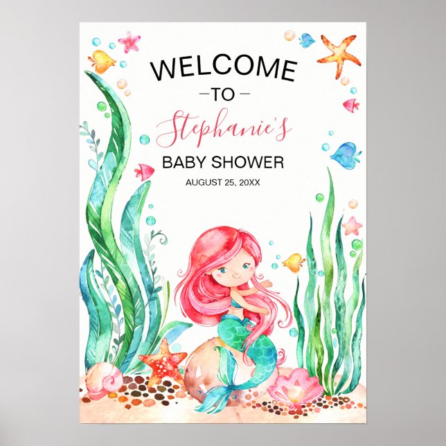 Affiche Mignonne sirène d'aquarelle sous le Baby shower ma (Devant)