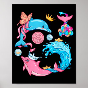 Affiche Mignonne Sirène Dauphin Kawaii Océan Animaux Marin