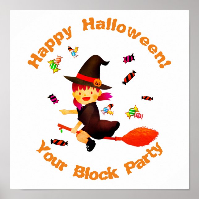 Affiche Mignonne sorcière vole sur son Broom Halloween (Devant)