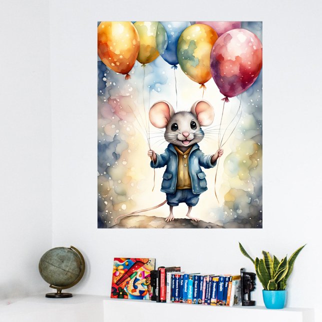 Affiche Mignonne souris avec ballons colorés, (Créateur téléchargé)