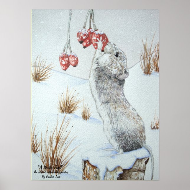 Affiche Mignonne souris et baies rouges scène de neige (Devant)