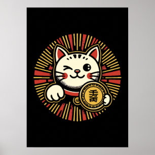 Affiche Mignonne Vintage Maneki Neko Lucky Chat, Succès Ar