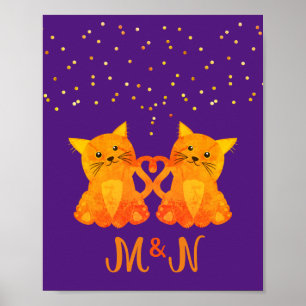 Affiche Mignonne violet orange Kitten Couple Deux Monogram