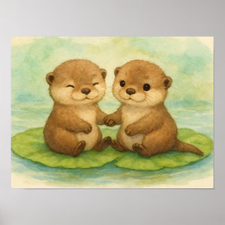 Affiche Mignonnes loutres à l'aquarelle se tenant la main