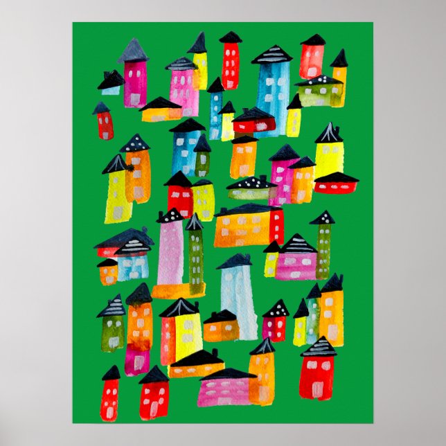 Affiche Mignonnes maisons d'aquarelle blanc (Devant)