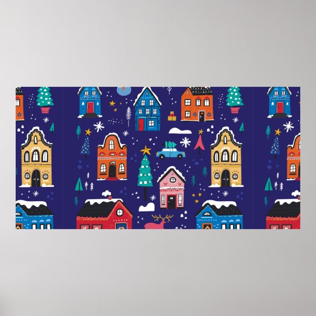 Affiche Mignonnes maisons de Noël plats illustrations vint (Devant)
