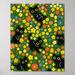 Affiche Mignons Chats Noirs Motif Floral de Prairie