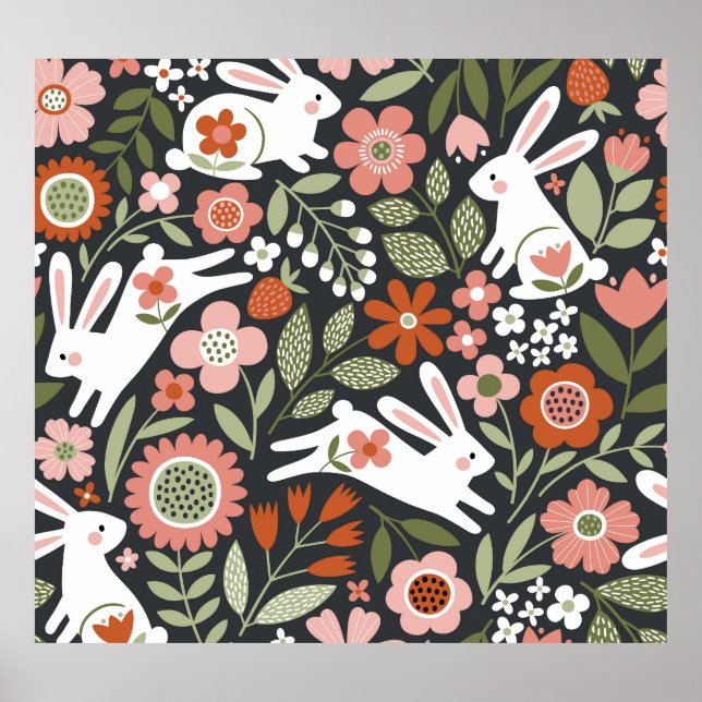 Affiche Mignons lapins blancs, motif vintage fleuri. (Devant)
