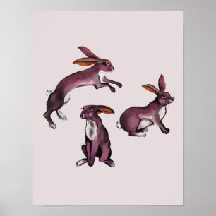 Affiche Mignons lapins violets ludiques - Art pour enfants
